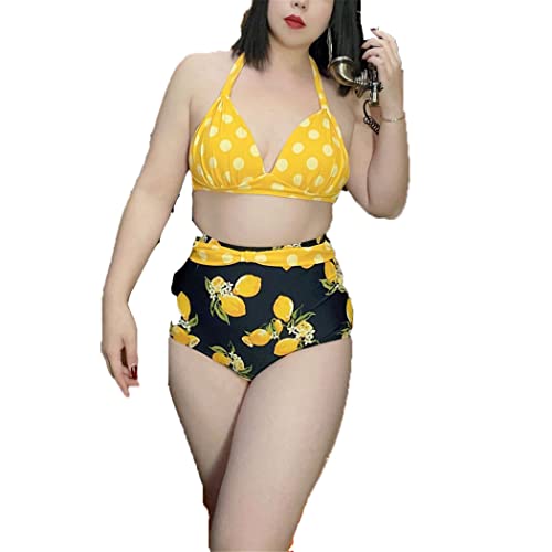 BJHIOJ Damen-Bikini-Set, 2-Teiliges Neckholder-Vintage-Bikini-Set, Plus-Size-Badeanzug-Sets, Bauchkontrolle, Badeanzug,Gelb,L Cover