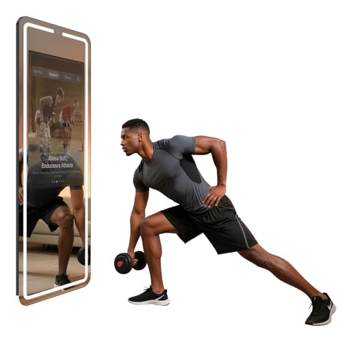 Image of Smart Gym Mirror for Home Workout | 32 inch HD Touch-Screen Andriod 12 OS | 61 inch Reflective Surface | No VIP Fees Support Various APP, Voice Control, Music Sync LED Strip Lights, for Home Gym / Yoga / Dance