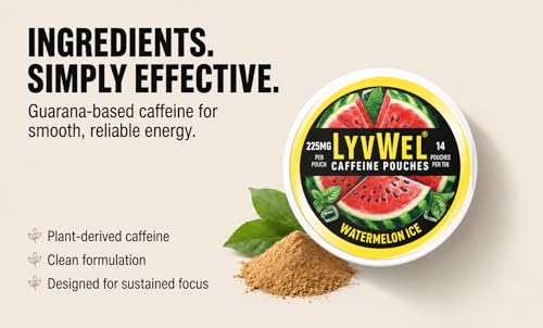 Image of LyvWel 225mg Caffeine Pouches, Guarana-Powered Energy Pouches, Nootropic Pouches, Nicotine Free Pouches & Tobacco-Free 3 Pack, 42 Pouches- Watermelon Ice, Pink Lemonade, Wintergreen