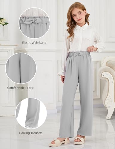 Image of Girls Wide Leg Palazzo Pant Loose Straight Cute Bow Waist Spring Summer Lightweight Dress Pant for Kids 5-14Y