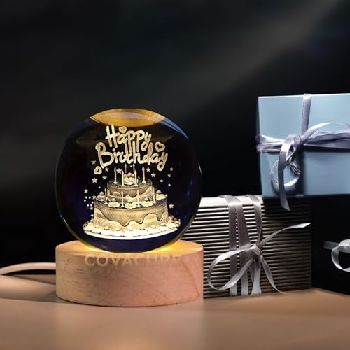Image of 3D Happy Birthday Crystal Ball Night Lamp, Crystal Ball Night Light with USB, LED Wooden Base Table Lamp for Bedroom Home Office Decoration Birthday Gift for Boys and Girls