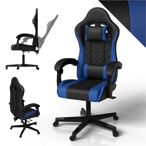 Juskys Gaming Stuhl – PC Stuhl & Bürostuhl in einem, ergonomisch, verstellbare Rückenlehne, höhenverstellbar, Kunstleder Gaming Chair Schwarz/blau