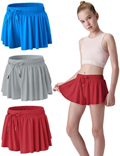 3 Pack Girls Flowy Shorts with Spandex Liner 2-in-1 Youth Butterfly Skirts for Fitness, Running, Sports (Set 5, Medium)