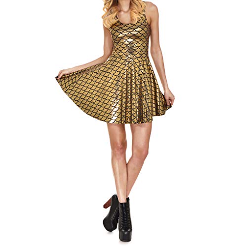 Image of LinvMe Women Shiny Mermaid Fish Scale Sleeveless Pleated Flared Dress