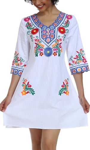 Image of YZXDORWJ Women Embroidered Mexican V Neck Floral Dress Long Sleeve Floral Traditional Bohemian Dress
