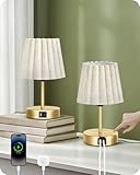 GOEBLESON Lampe de Chevet Tactile Dimmable Lot de 2, avec USB et Ampoule LED à Intensité Variable Abat Jour Ondulé, Culot E27, pour Table de Chevet, Bureau, Chambre, Doré et Beige