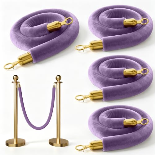 Image of 4PCS Lavender Velvet Stanchion Ropes 5 Ft Crowd Control Ropes Barrier with Gold Hooks for Party Supplies,Photobooth Accessories, Prom,Birthday,Business,Wedding, Museums(Light Purple)