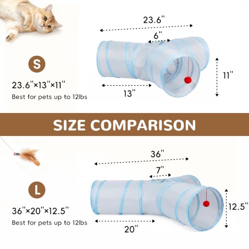 Image of Tempcore Cat Tunnel, 3-Way Collapsible Toy, Large Size Light Grey & Blue | Large Size 3-Way Cat Tunnel Provides More Room for Cats to Run, Hide and Chase, with Peek Holes, Hanging Ball and Teaser Wand