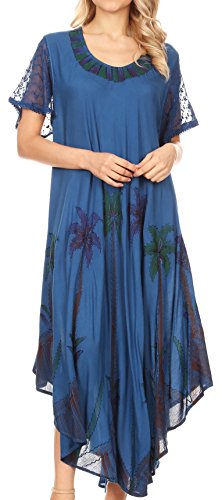 Sakkas 116 Watercolor Palm Tree Tank Caftan Dress - Navy/One Size