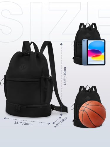 Image of RHDZO Drawstring Gym Backpack with Shoe Compartment and Wet Pocket, Black