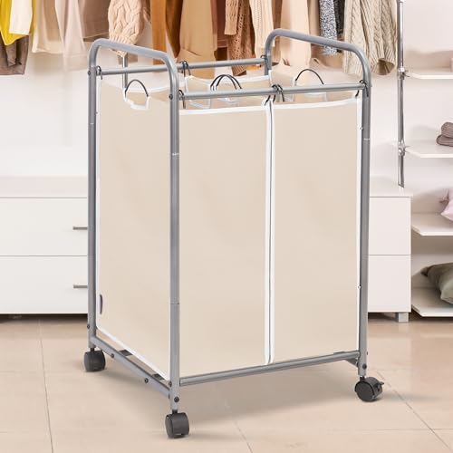 Image of STORAGE MANIAC Laundry Sorter 2 Section, 90 L Gal Laundry Hamper with Wheels, Clothes Basket Separator Sorter, 2 Bag Cart and Removable Bags for Closet, Dorm, Collage, Beige