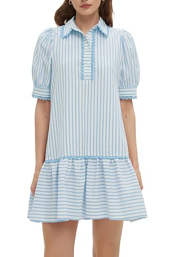 Striped Dress for Women Collared Short Puff Sleeve Ruffle Hem Summer Tunic Flowy Shirt Mini Dress