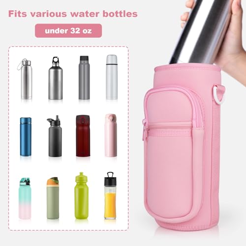 Image of Water Bottle Holder with Strap, Water Bottle Carrier Bag with Phone Pocket, Shoulder Hand Strap Insulated Neoprene 32 oz Water Bottle Sleeve for Walking Hiking Camping Gym(Pink)