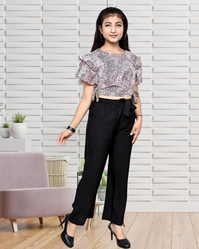 Image of Girls /Kids Printed Floral Designer Top and Palazzo Set Crop Top and Palazzo Set Printed /Fancy Palazzo and top Set for Girls with tie in Waist