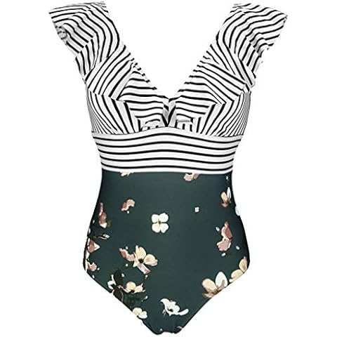 COCOSHIP Women's One Piece Bather Deep V Neckline Bikini Striped Front Backless Swimsuit Flounce Ruffle Swimwear - - 20 Cover
