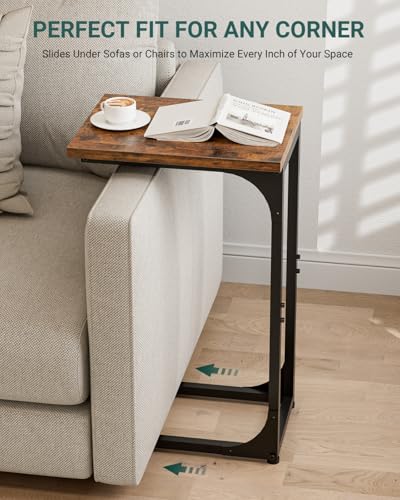 Image of C-Shaped Side Table for Couch - Small Coffee Stand Sofa Tray Desk with Metal Frame and Waterproof Scratch Resistant, Modern End Accent for Living Room, Bedroom, Set of 2, Rustic Brown