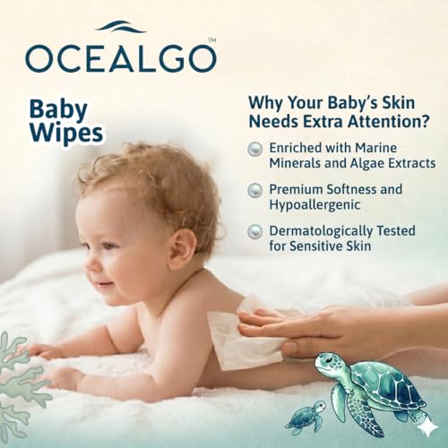 Image of Seaweed Baby Wipes (6pk) | 99% Pure Water, Aloe Vera & Vitamin E | Gentle for Face & Body | Hydrating, Alcohol-Free & Dermatologically Tested | Extra Smooth Design for Newborn Skin | 72 wipes