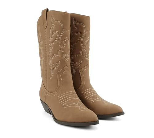 Image of Soda inchTELLER inch ~ Women's Western Cowboy Boots with Stitched Detailing, Pointed Toe, and Low Block Heel
