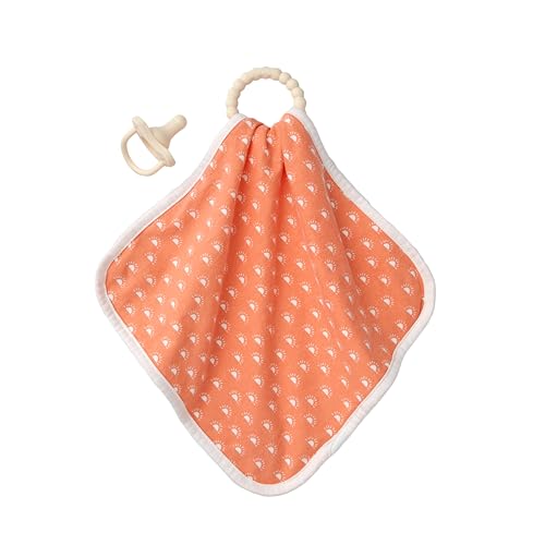 Image of Dr. Brown's Lovey Blanket with Teether Ring and HappyPaci 100% Silicone One-Piece Pacifier, Soothing Security Blanket Set for Baby, Peach Suns, 0m+