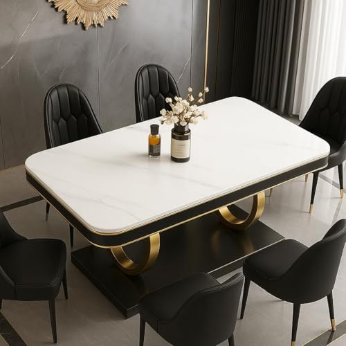 Image of 6-Seater Dining Table with Nano Composite Marble Top and PVC Golden Wooden Base |2yr Warranty - Includes 6 Fabric Upholstered Chairs (Black, White Nano Composite Marble Top)