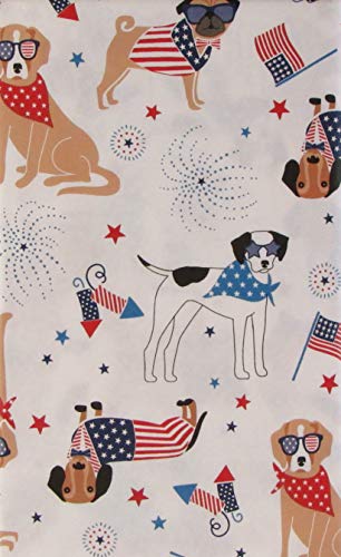 Mainstream Patriotic Pooches, Flags And Fireworks Vinyl Flannel Back Tablecloth (White Background, 52" X 70" Oblong) #TOP1