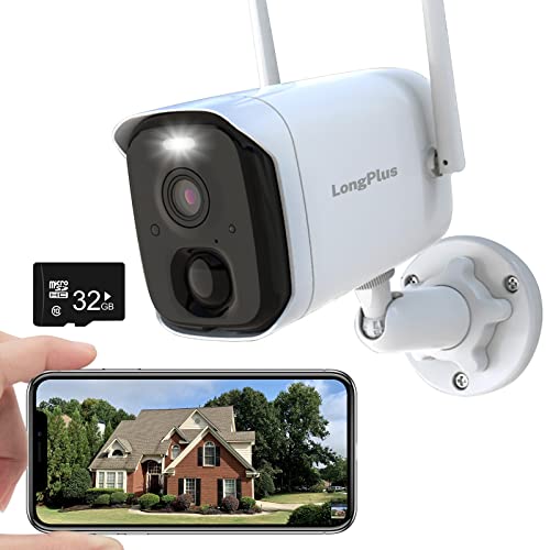 LongPlus 2K Security Cameras Wireless Outdoor+32GB Card, WiFi Wireless Security Surveillance Outdoor Cameras for Home Security with AI Motion Detection, 2-Way Talk, Color Night Vision, Waterproof