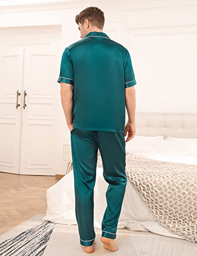 Image of SWOMOG Mens Satin Pajama Set Short Sleeve Classic Sleepwear Button Down Silky Loungewear with Long Pants Green X-Large