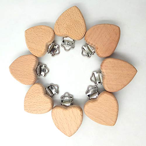 Image of 10pcs Natural Wood Suspender Pacifier Clips Cute Beech Wooden Animal Heart Shape Clips Charm DIY Beading Pacifier Chain Accessory