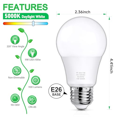 MAXvolador 12-Pack A19 LED Light Bulbs, 100 Watt Equivalent LED Bulb, 5000K Daylight White, 1100 Lumens, E26 Medium Base, CRI 85+, Non-Dimmable