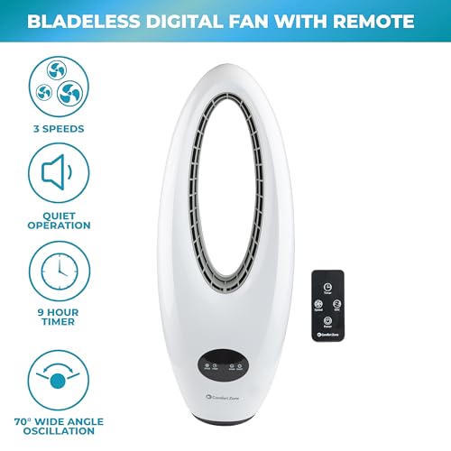 Comfort Zone 28-Inch Oscillating Bladeless Tower Fan with Remote Control, 3 Speeds, 70° Oscillation, Portable Tower Fan with 9-Hour Timer & LED Display – Ideal for Home, Bedroom, Dorm, or Office by Comfort Zone - Image 2