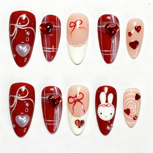 30Pcs Cute Rabbit Valentines Day Press on Nails Handmade Almond F...