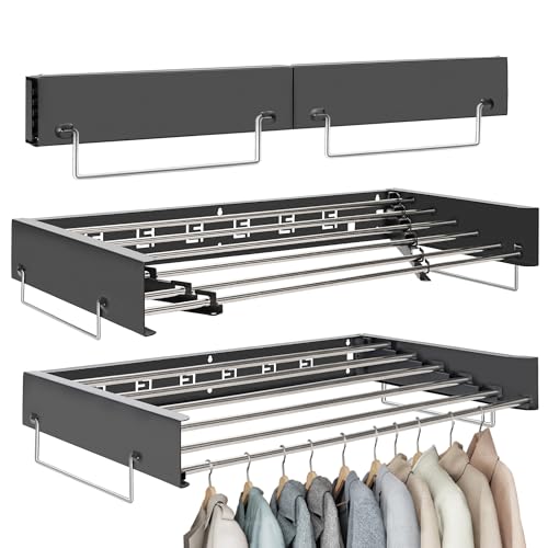 Wall Mounted Clothes Drying Rack | Retractable Laundry Clothes Airer | Foldable Laundry Drying Rack with 100cm Rods *6 Hanging Lines | Collapsible Clothes Dryer for Indoor Outdoor Bathroom (Black)