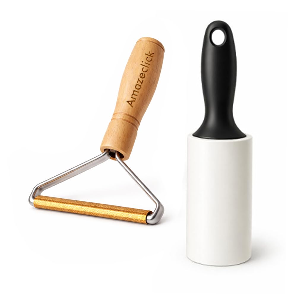 Amazeclick Lint Remover for Clothes with Lint Roller, Fabric Shaver & Pet Hair Remover Set for Sweaters, Sofa & Carpet, Reusable Copper Blade + Sticky Roller