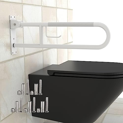 Image of U Shaped Toilet Grab Bar 32 Inch, Munzong White Anti-Slip Support Rail, Flip-Up Bathroom Grab Bar with Paper Holder, Stainless Steel Knurled Handicap Safety handrails for Elderly Disabled Pregnant