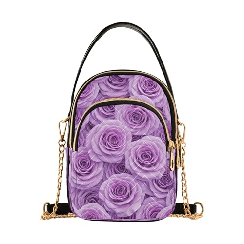 Vivid Flowers Purple Floral Shoulder Purse for Women Printed Chain Strap Cell Phone Purse Quilted Zipper Crossbody Bowler Bag
