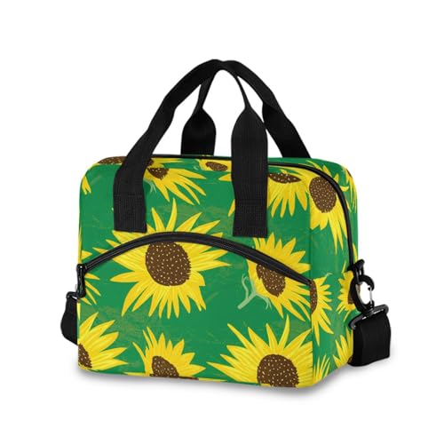Insulated Lunch Bag Reusable Cooler Sunflower Blossom Green Lunch Box Adjustable Shoulder Strap for Men Women Adults