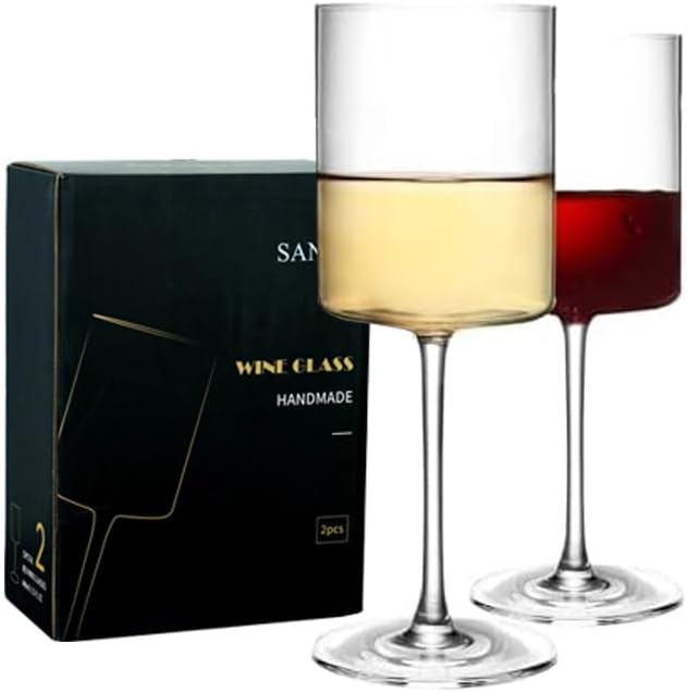 SANZO Square Crystal Wine Glasses Set of 2, Handmade Modern Red and White Wine Glasses, 15oz Tall Stemware for Home, Bar, or Gift Use(2PCS)
