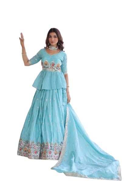 Speciel Outfit Gold Crush with Multi Thread Embroidery Zari Sequins-Work With Heavy Sequins Embroidered Readymade Lehenga Choli Set Sky blue-image-12