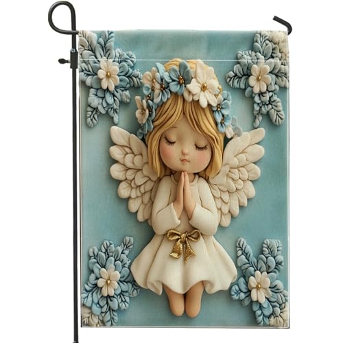 Bandiera da giardino con angelo, preghiera floreale blu, decorazione per esterni, striscione su entrambi i lati per primavera ed estate, affascinante decorazione per prato 30,5 x 45,7 cm
