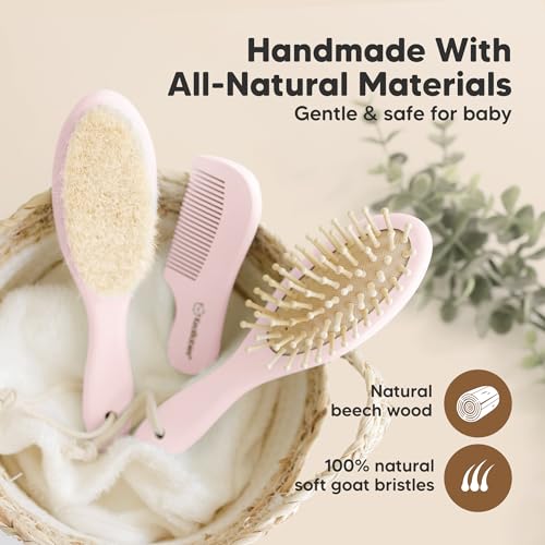 Image of Wooden Baby Hair Brush Set for Newborns, Toddler Comb (Blush, Regular) | Soft Goat Bristle, Baby Brush and Comb Set, Infant Grooming Kit, Cradle Cap Care, Durable & Gentle, Boy, Girl Bath Essential
