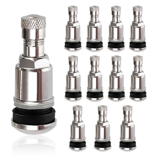 YUDAWN Autoreifen Ventil 11,3 mm, 12 Stück Autoventil TR525 Stahl Reifenventil Universal Metall Felgenventile für Reifen von Auto Lastkraftwagen Motorrad Fahrrad (Silber)