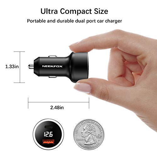 Car Charger, NEEKFOX Mini Dual Port Car Charger, 27W Metal USB Charger Voltage Display with Power Delivery Quick Charge 3.0, Car Adapter Compatible with iPhone 12 pro/XR/Xs/Max, iPad, Galaxy and More