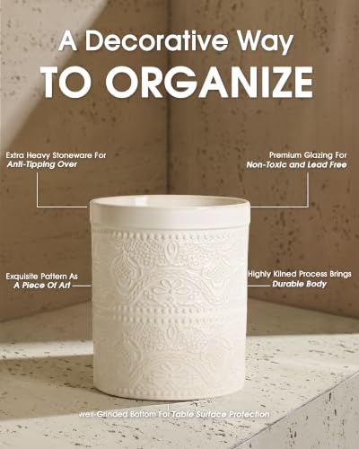 Image of FUN ELEMENTS Kitchen Utensil Holder, 7.2 inch Super Large Utensil Crock Heavy and Stable Lace Emboss Ceramic Utensil Holder for Kitchen Counter (Lace Emboss)