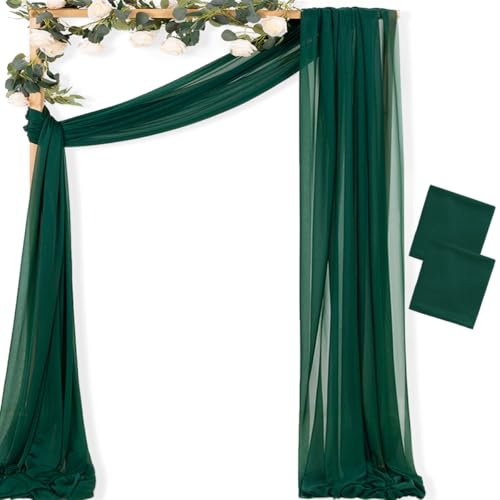 Image of MLMC Emerald Green Wedding Arch Draping Fabric 2 Panels 29 inch x 20 FT Extra Long Gauze Drapes Sheer Backdrop Curtains 6.6 Yards Outdoor Drapery Panels for Wedding Ceremony Party Ceiling Decoration