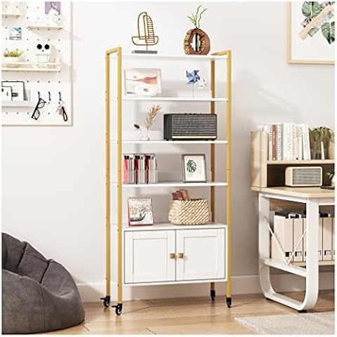 Jehiatek 5-Tier Bookcase, White and Gold Book Shelf, Small Bookshelf with Storage Cabinet and Wheels for Living Room, Bedroom, Home Office Cover