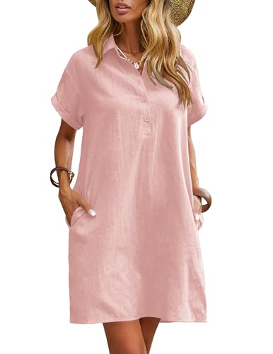 Image of Zeagoo Womens Cotton Shirt Dress Summer Casual Short Sleeve Button Down Beach Cover Up Shirts with Pockets
