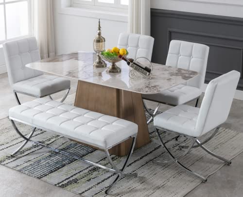 EALSON Modern Tufted Dining Chairs with Bench Set of 5 White Leather Upholstered Dining Room Chairs with Chrome Metal Legs Mid Century Kitchen Chairs Armless Side Chair for Dining/Living Room