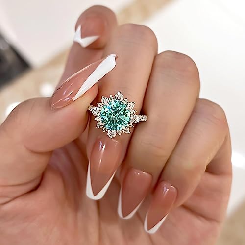2.0ct Cyan Blue Moissanite Engagement Ring for Women,Round Cut Halo Flower Design Promise Ring in 925 Sterling Silver2