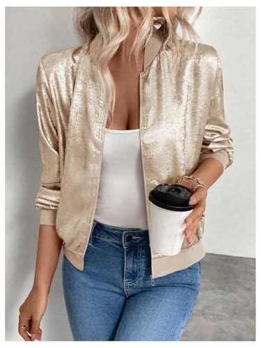 SHENHE Women's Metallic Bomber Jacket Lightweight Zip Up Long Sleeve Fashion Jacket Outwear3