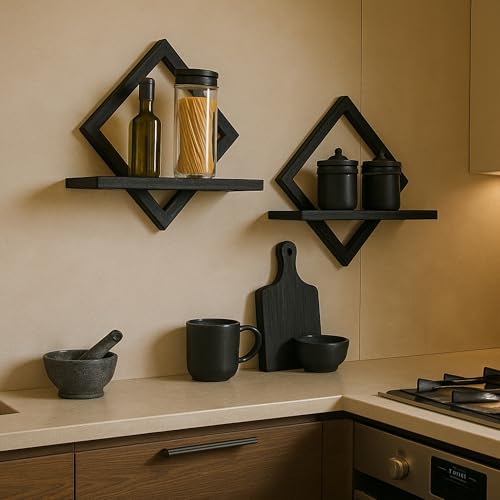 Schweberegale für die Wand,dekoratives Wandregal,hängendes Regal für Pflanzen,Aufbewahrung und Präsentation,Innenraumdekoration für Wohnzimmer,Zuhause,Büro,Massivholz,Diamantform,2er-Set,schwarz